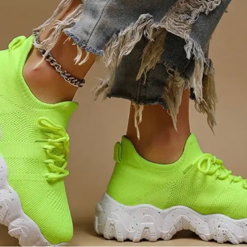 Green Chunky Platform Sneakers with Neon Appeal - Picture 2 of 6